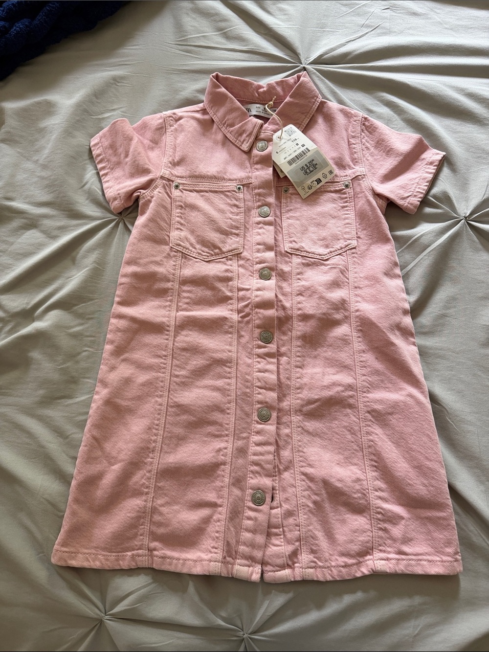 Zara Pink Short-Sleeve Button-Front Denim Dress